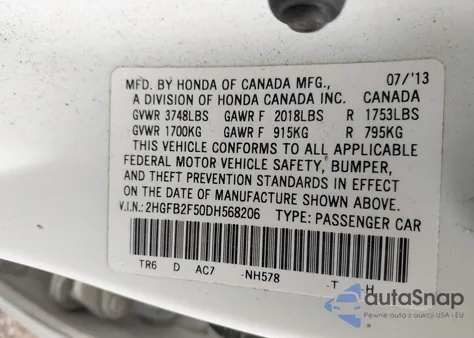 2013 Honda Civic Lx из США, поврежденный, VIN 2HGFB2F50DH568206